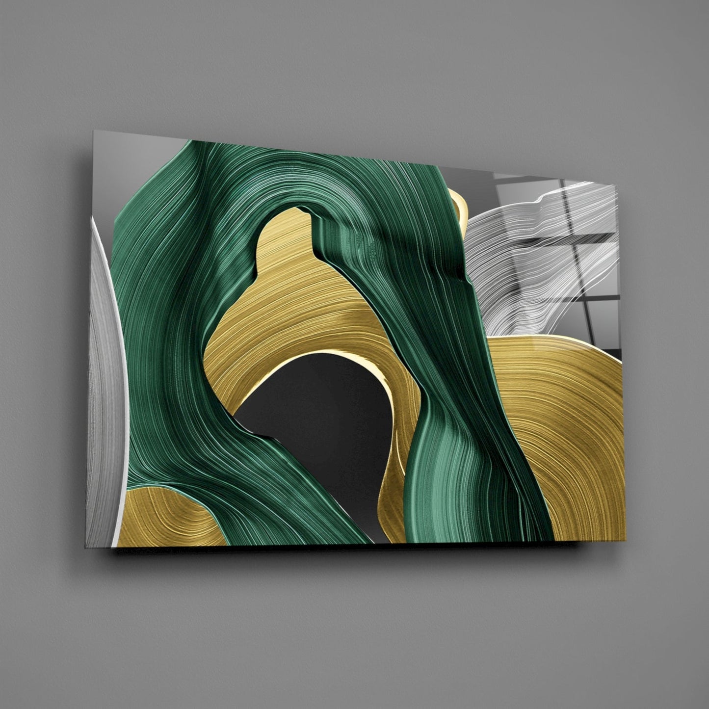Elegant Swirls in Gold and Green Glass Wall Art