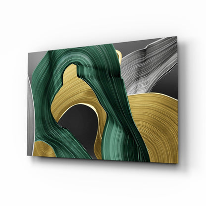 Elegant Swirls in Gold and Green Glass Wall Art