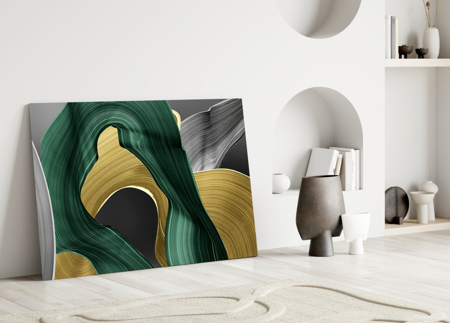 Elegant Swirls in Gold and Green Glass Wall Art