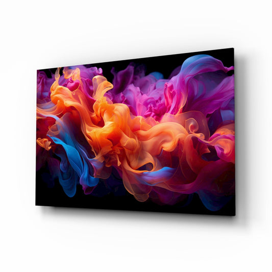 Modern glass wall art displaying swirling abstract forms in orange, pink, purple, and blue against black background, shown at angle.