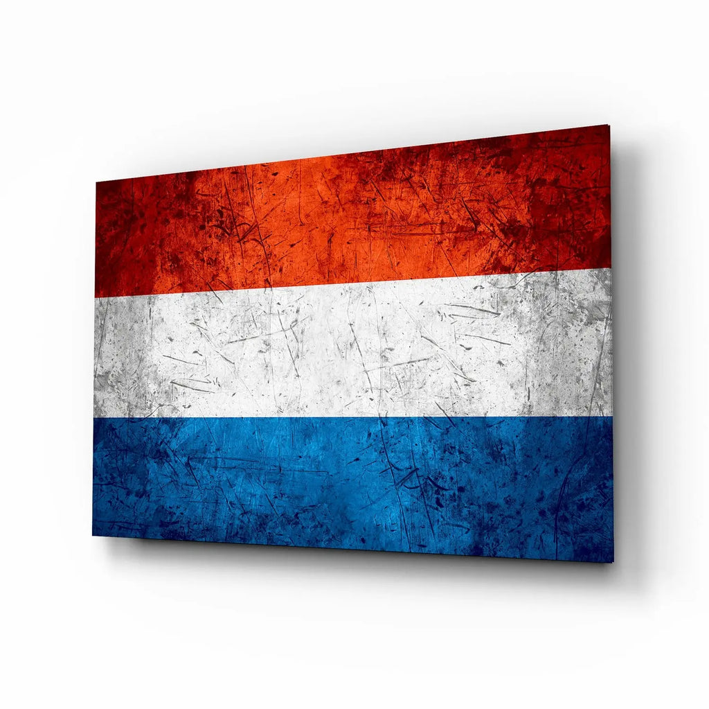 Weathered Dutch Flag glass art canvas with scratched red white blue texture