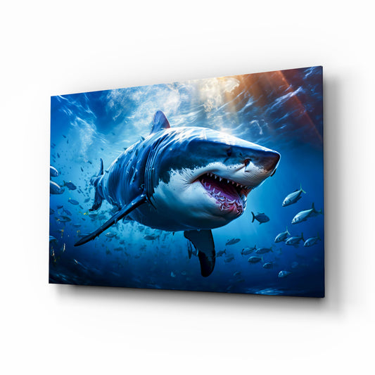 Glass wall art panel displaying a great white shark with open mouth surrounded by smaller fish in deep blue ocean water with sunlight filtering from above.
