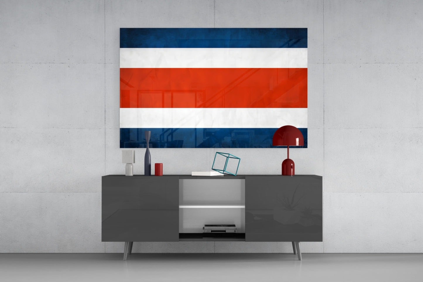 Costa Rica flag glass wall art with blue, white, and red horizontal stripes displayed above gray media console in modern interior setting.