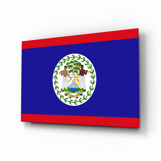 Belize flag glass wall art displayed at an angle, showing red horizontal bands framing a blue center with circular seal and green wreath.