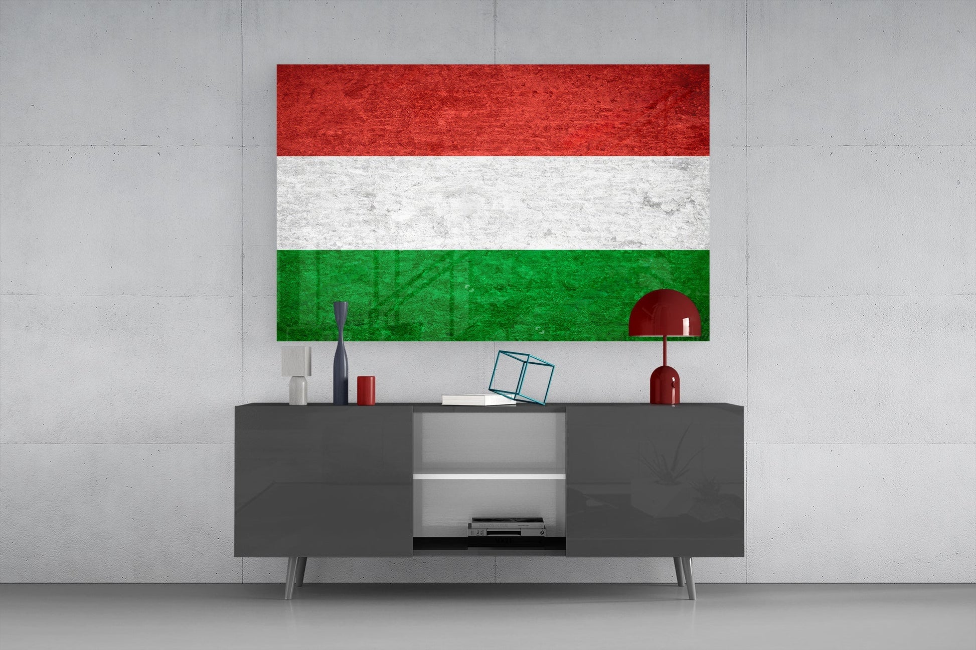 Hungarian flag glass wall art displaying red, white, and green horizontal stripes displayed above modern furniture.