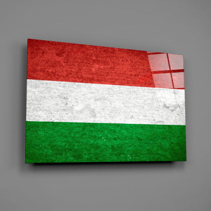 Hungarian flag glass wall art displayed at an angle, showing red, white, and green horizontal stripes with textured surface.