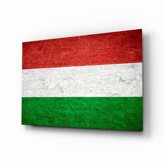 Three-striped Hungarian flag in red, white, and green with textured glass surface, displayed at angled perspective against white background.