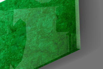 Three-dimensional perspective view of green glass wall art featuring the Hungarian flag's vertical stripe pattern against gray background.