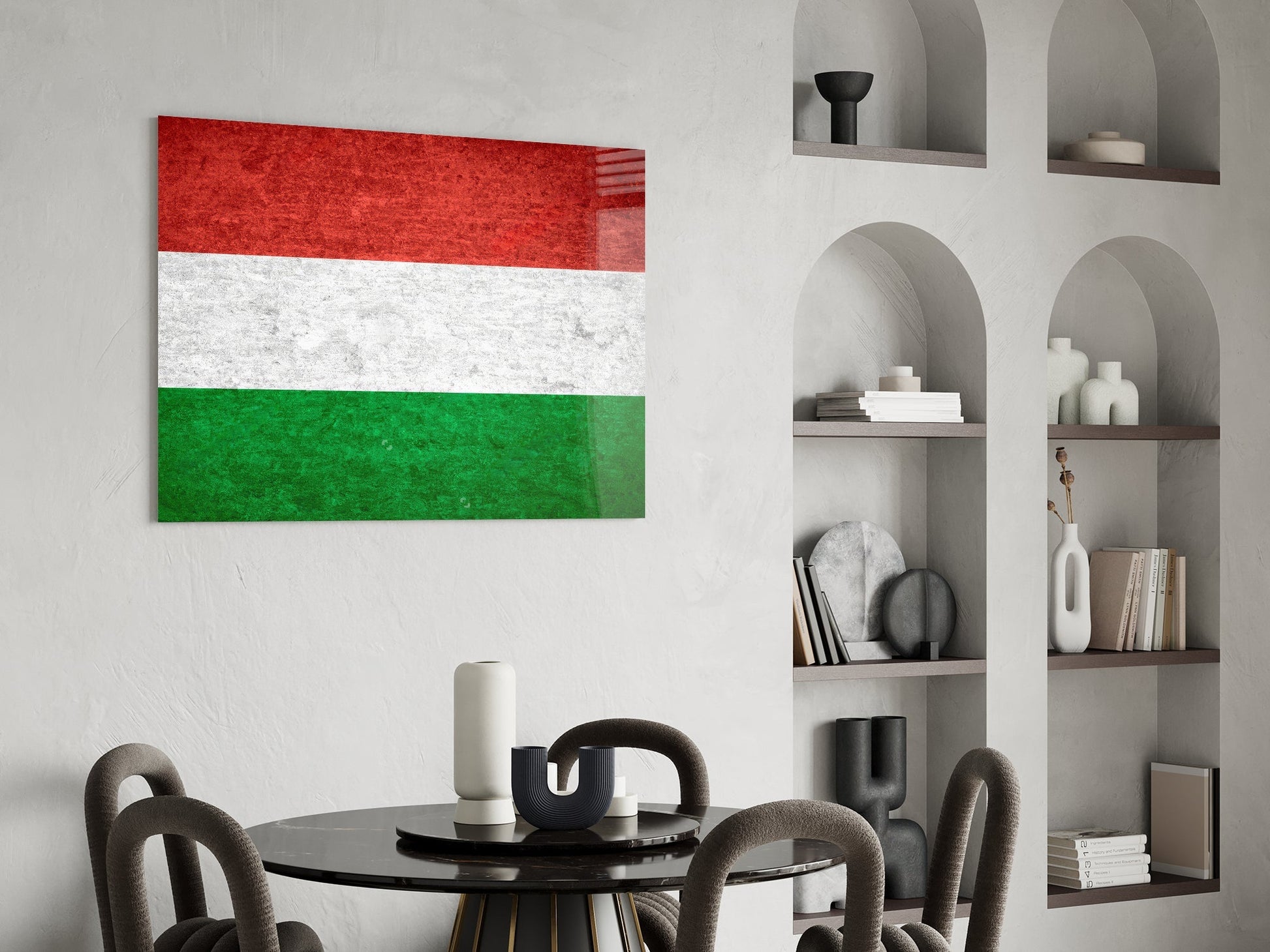 Hungarian flag glass wall art with red, white, and green horizontal stripes displayed above dining table in modern interior.