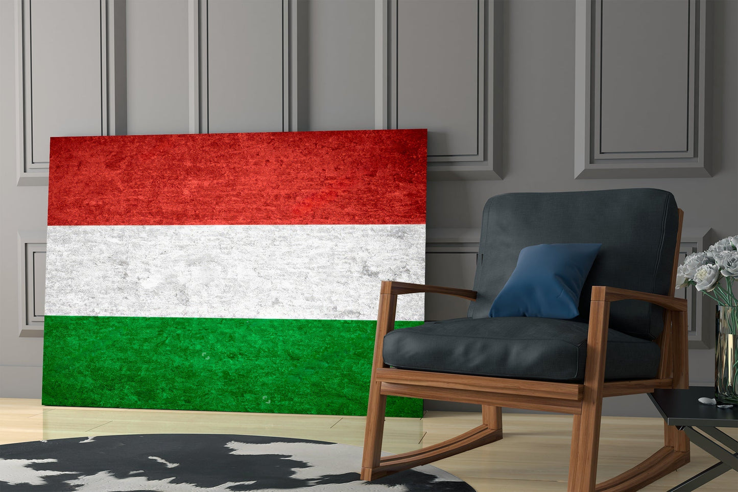 Hungarian flag glass wall art displayed in modern living room with wooden chair and gray paneled wall.