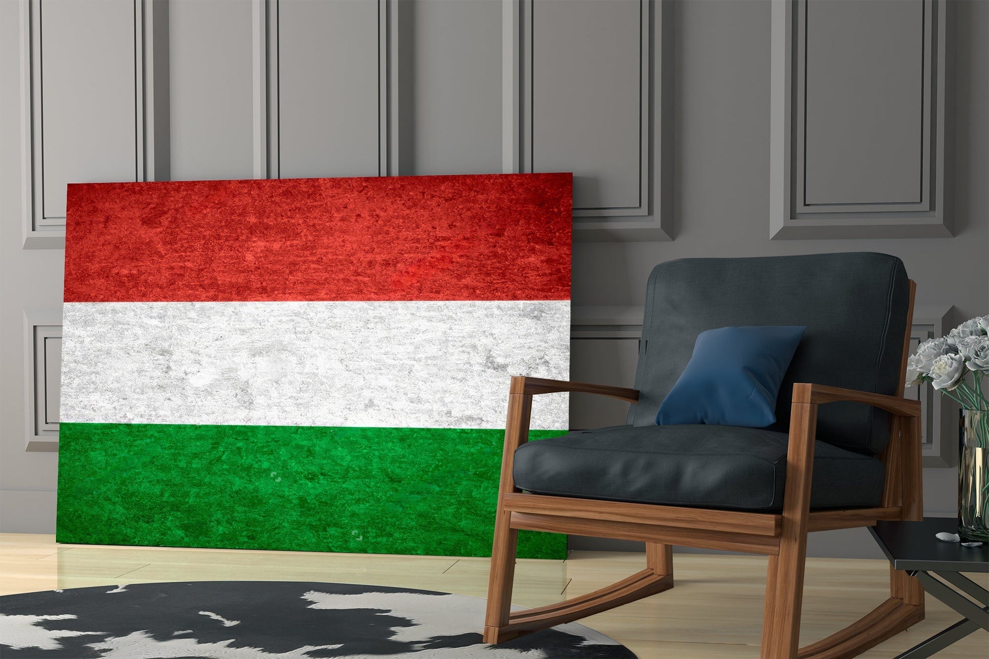 Hungarian flag glass wall art displayed in modern living room with wooden chair and gray paneled wall.