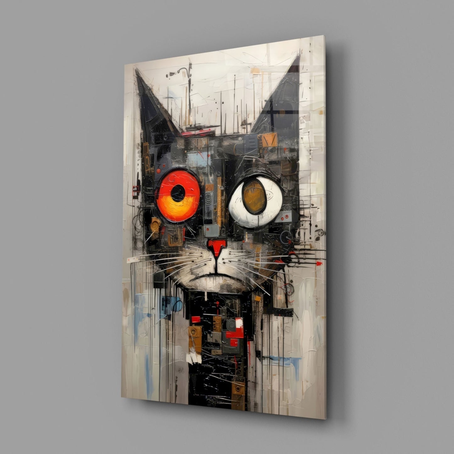 Quirky Mismatched Eye Cat Glass Wall Art