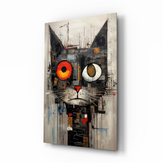 Industrial-style cat face art with mismatched red and white eyes on beige background, displayed at angle showing glass surface and shadow.