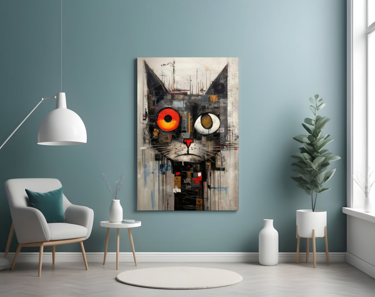 Quirky Mismatched Eye Cat Glass Wall Art