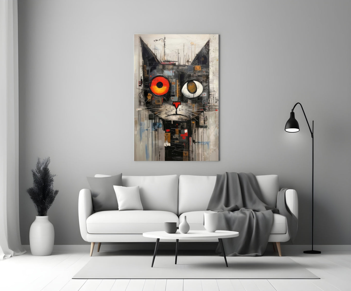 Quirky Mismatched Eye Cat Glass Wall Art