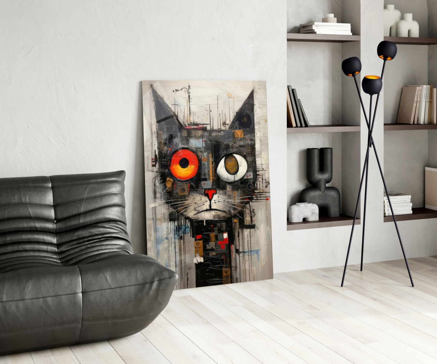 Quirky Mismatched Eye Cat Glass Wall Art