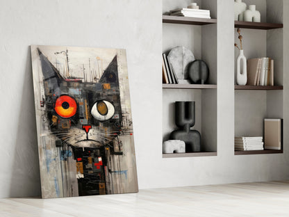 Quirky Mismatched Eye Cat Glass Wall Art
