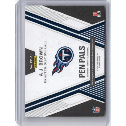 Back of A.J. Brown football trading card in Titans authentication case