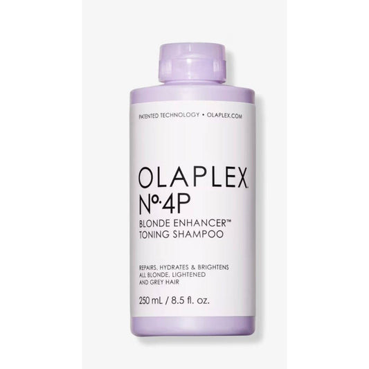 Olaplex No. 4P Blonde Enhancer Toning Shampoo bottle with purple cap and label against white background, front view.