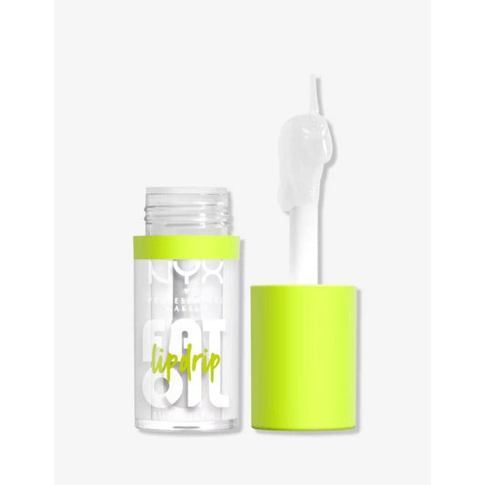 NYX Fat Oil Lip Drip with clear glass bottle, lime green band and cap, white applicator wand displayed against white background.