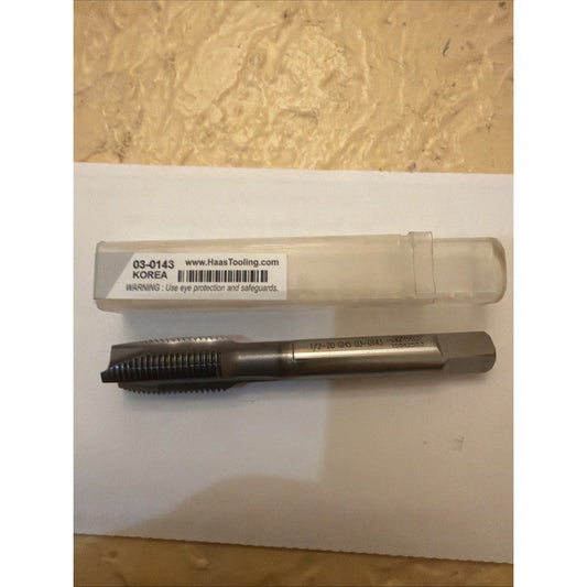 Haas spiral flute tap with transparent plastic case labeled OS-0143, shown at flat angle against white background.