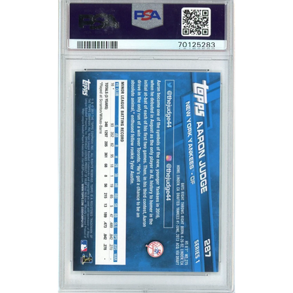 Aaron Judge 2017 Topps PSA 10 Gem Mint graded baseball card on display