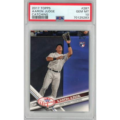 Aaron Judge 2017 Topps baseball card graded PSA GEM MT 10 displayed in product