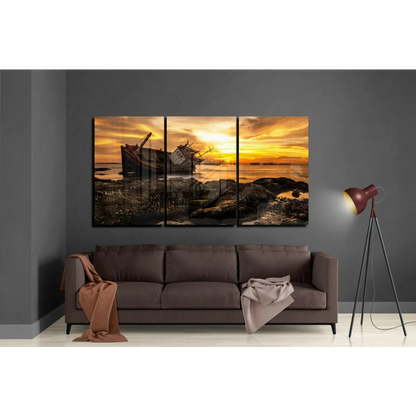 Stunning sunset shipwreck triptych wall art on three-panel canvas