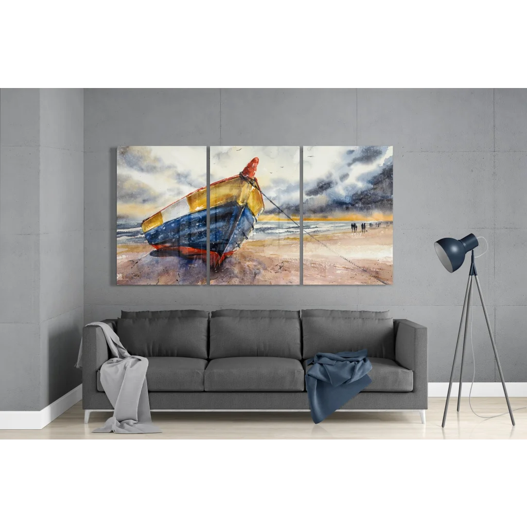 Stunning glass art of weathered beach boat watercolor print