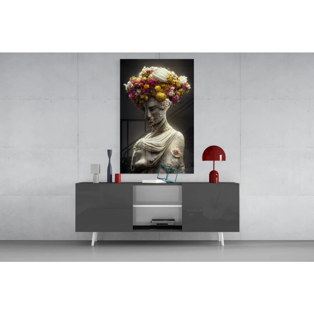 Black-and-white statue with floral crown wall art canvas print