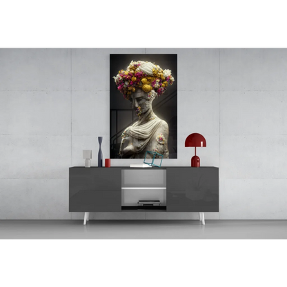Black-and-white statue with floral crown wall art canvas print