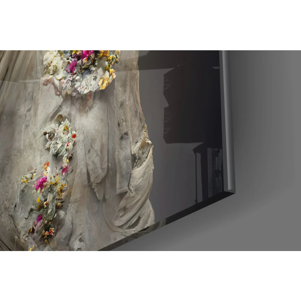 Delicate off-white lace gown with pink yellow orange floral embellishments on Floral Crown Statue wall art print