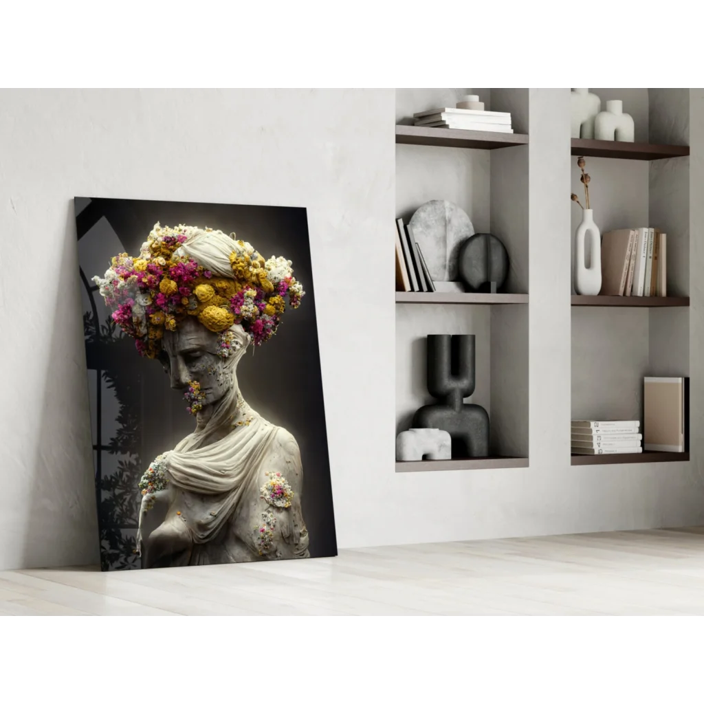 Striking Floral Crown Statue black-and-white canvas wall art print