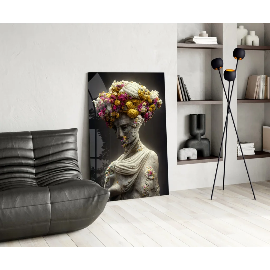 Black-and-white statue with floral crown wall art canvas print