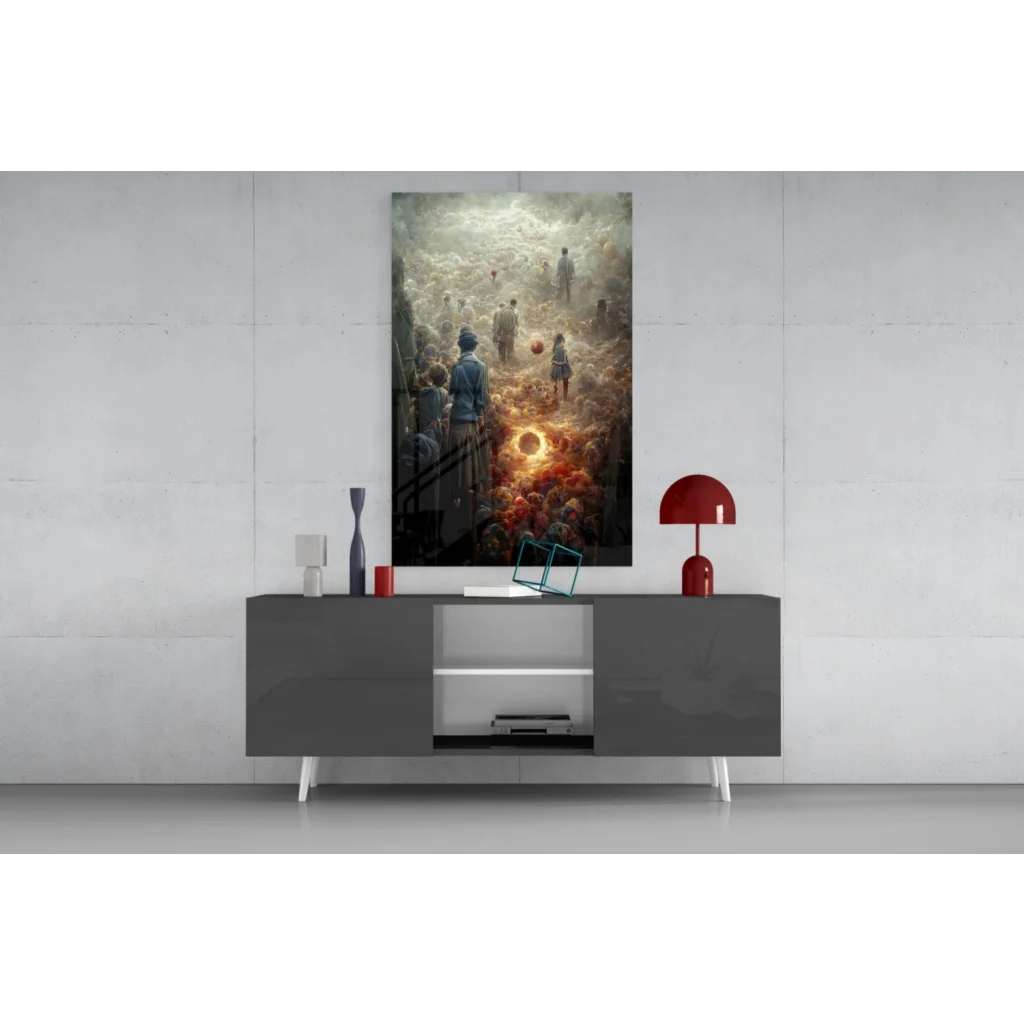 Surreal fiery landscape wall art with glowing sunset journey figures
