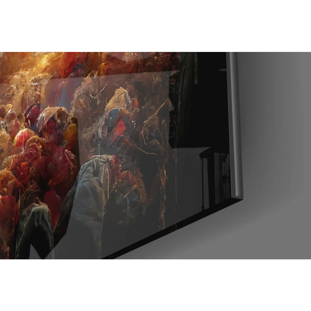 Sleek TV in thin silver frame showing fiery Surreal Dreamscape glass wall art
