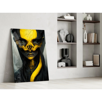 Striking black-and-yellow glass wall art of woman with gold skull makeup