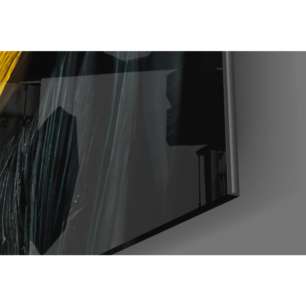 Sleek black-framed glass wall art print with glossy TV screen reflection