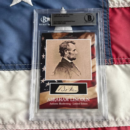 Authentic Abraham Lincoln legal document handwriting card with flag background