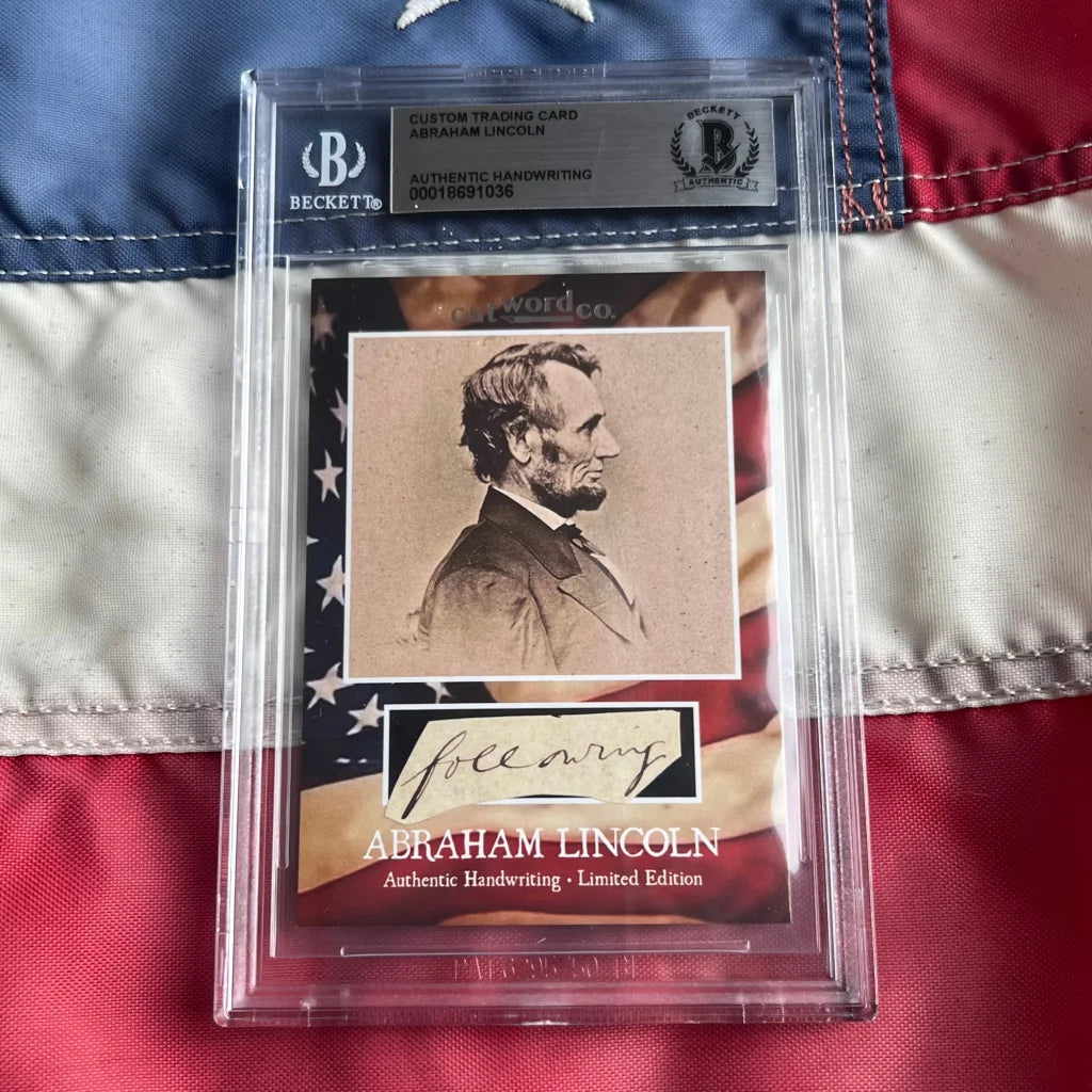 Limited edition Abraham Lincoln legal document card with authentic handwriting in clear plastic case