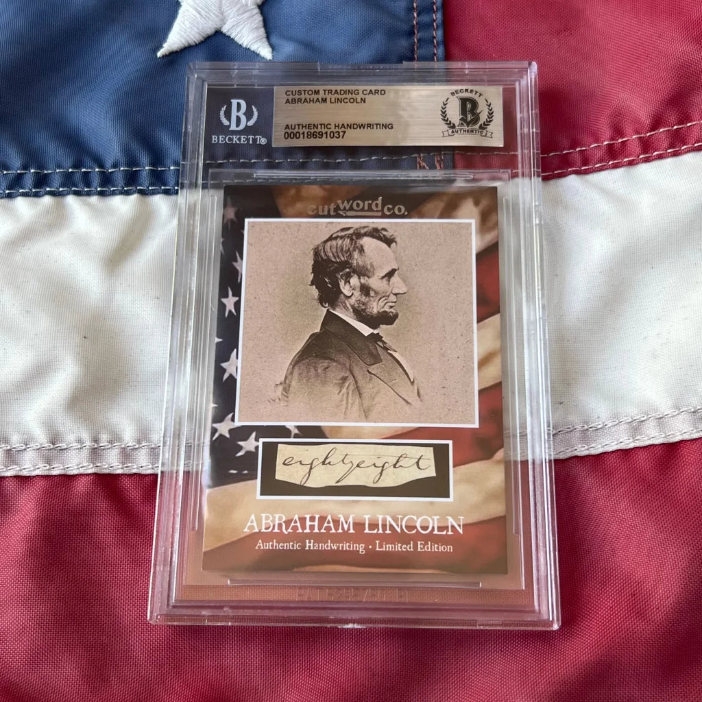 Beckett graded custom trading card featuring abraham lincoln handwriting fragments from lincoln legal document in clear sleeve
