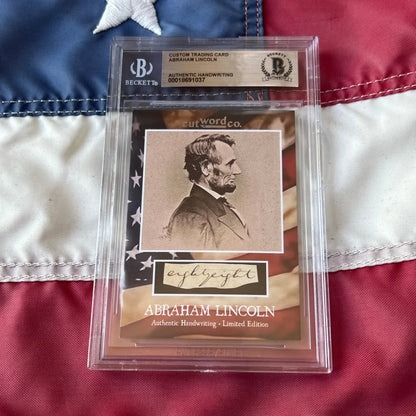 Beckett graded custom trading card featuring abraham lincoln handwriting fragments from lincoln legal document in clear sleeve