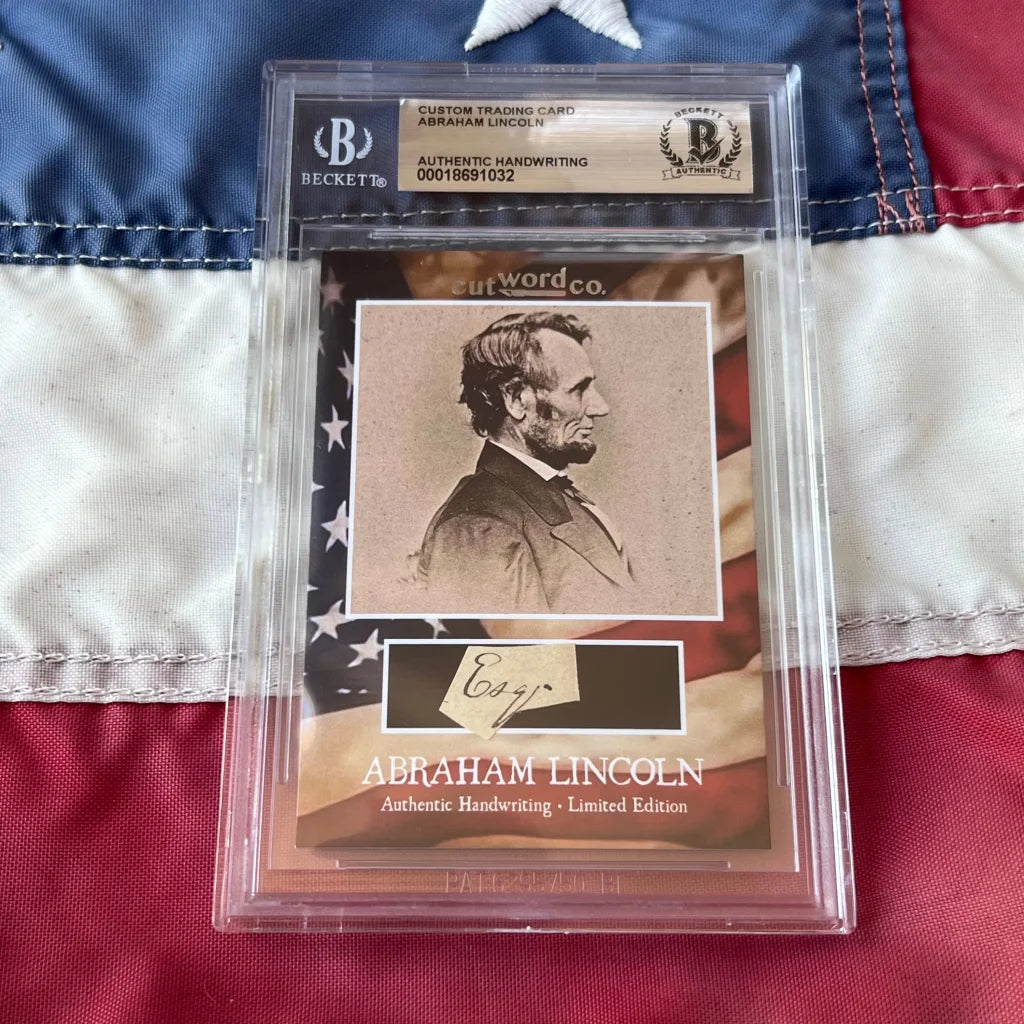 Beckett authenticated abraham lincoln legal document card featuring lincoln handwriting fragments in clear protective sleeve
