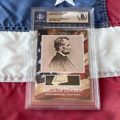 Beckett authenticated abraham lincoln legal document card featuring lincoln handwriting fragments in clear protective sleeve