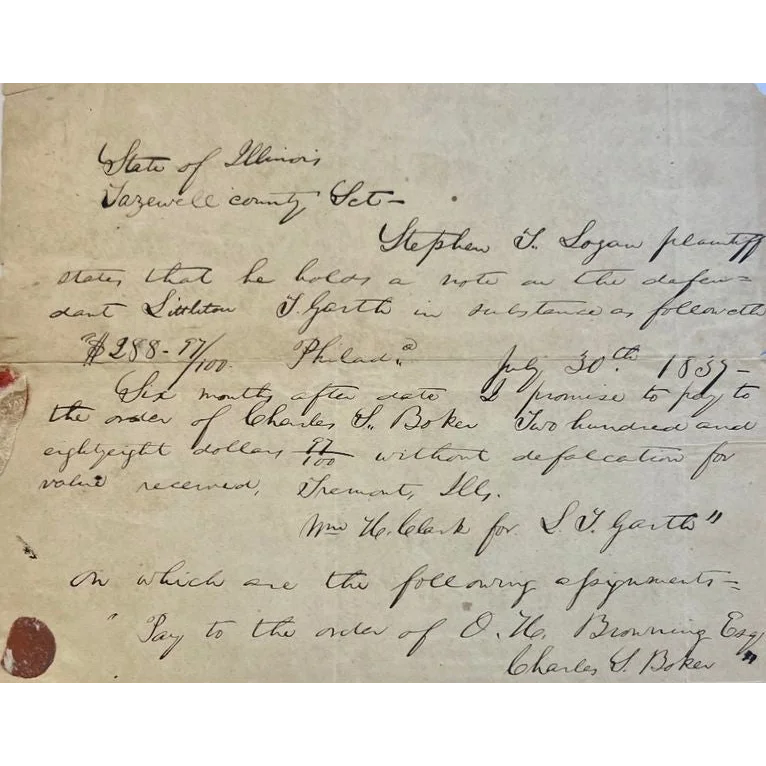 Authentic Abraham Lincoln legal document: 1837 handwritten note with red wax seal