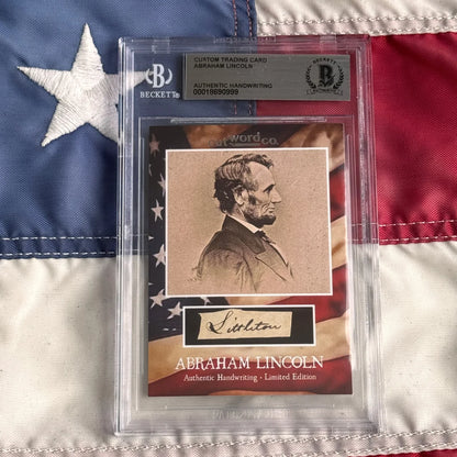 A framed abraham lincoln legal document custom trading card featuring his portrait, authentic handwriting, and limited edition label
