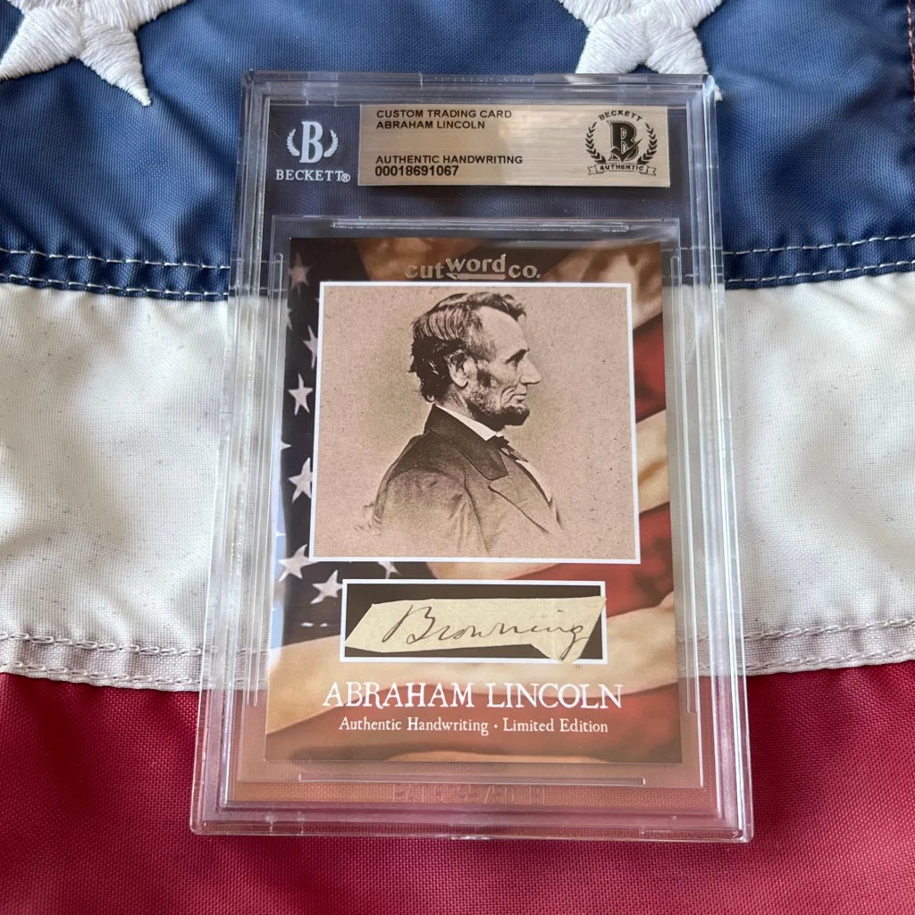 Beckett-graded custom trading card featuring abraham lincoln legal document with authentic handwriting fragments in clear sleeve