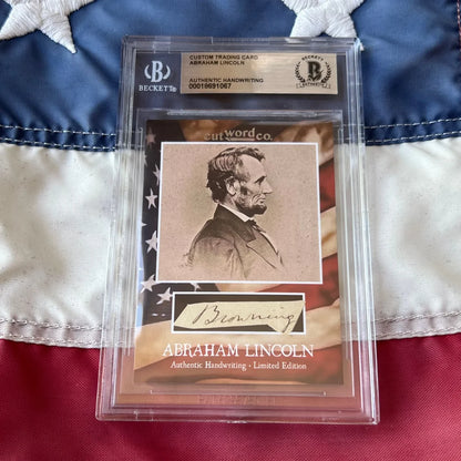 Beckett-graded custom trading card featuring abraham lincoln legal document with authentic handwriting fragments in clear sleeve