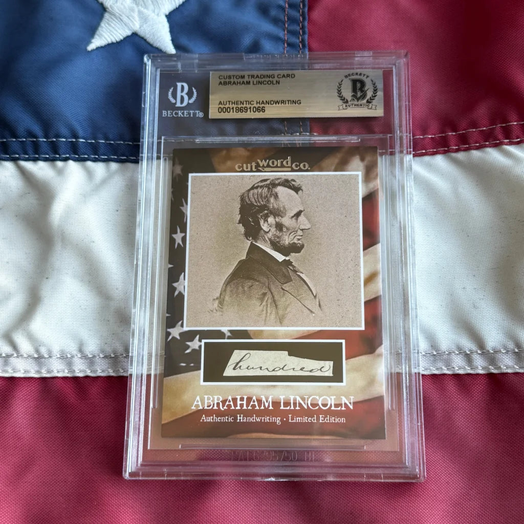 Beckett-authenticated abraham lincoln legal document card with authentic handwriting fragments in clear protective slab
