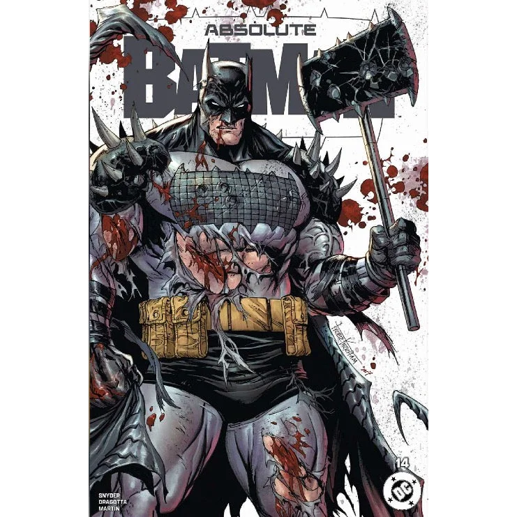 Absolute batman #14 comic featuring batman in black armored suit with spiked gauntlets and yellow utility belt by tyler kirkham